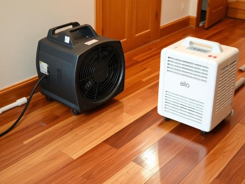 Air movers drying hardwood floor